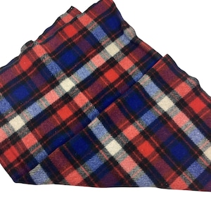 Vintage wool plaid throw blanket. 41 x 51. Beautiful red/green/blue. High-quality. One small hole as shown in last photo. Smoke and pet free