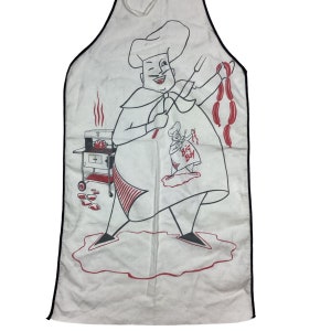Vintage 1950s big boy grilling apron. Features caricature of a portly chef.