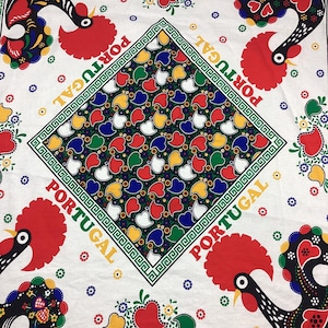Vintage Portugal multicolored square cotton tablecloth. Made in Portugal. 100% cotton. 42 x 40. Vibrant colors. Excellent vintage condition.