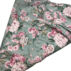 Vintage upholstery weight floral fabric. 75 inches wide, 110 inches long. Blueish green and pink. Project fabric.