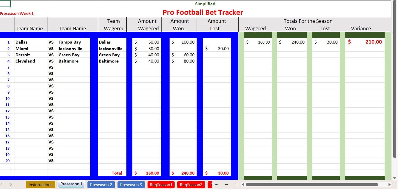 Pro Football Bet Tracker, Excel Spreadsheet, Excel Template, Football Bet Tracker, FREE, College