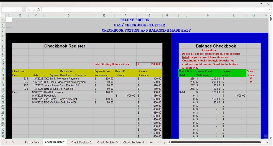 Checkbook Register, Excel Checkbook Register, Excel Spreadsheet, Excel