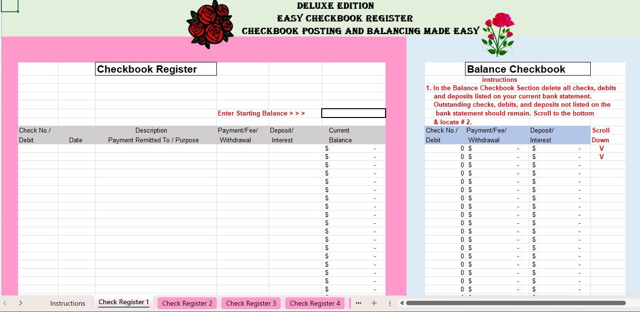 Checkbook Register, Excel Checkbook Register, Excel Spreadsheet, Excel