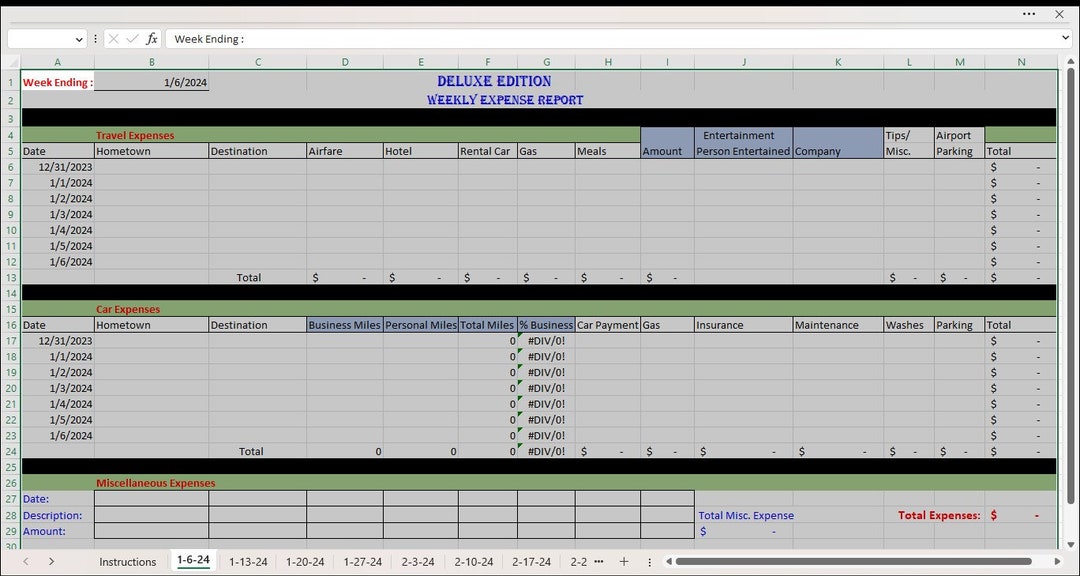 2024 Expense Report System, Excel Spreadsheet, Excel Template, Business