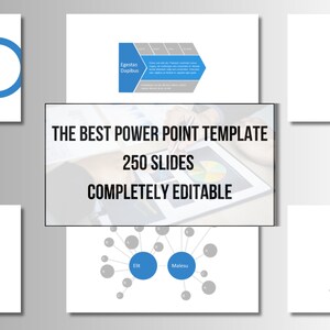 Puede incluir: Una captura de pantalla de una plantilla de presentación con el texto "THE BEST POWER POINT TEMPLATE 250 SLIDES COMPLETELY EDITABLE". La plantilla presenta varios gráficos y diagramas, incluyendo un gráfico circular, un diagrama de flujo, un diagrama de red y un gráfico de barras.
