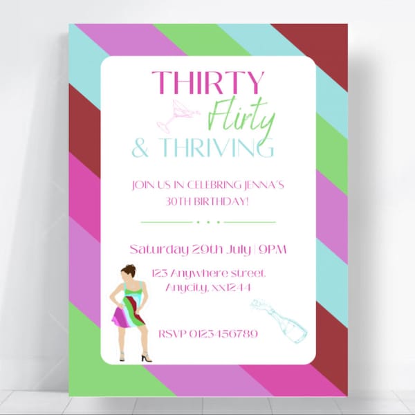 Thirty flirty & thriving, Movie, 30, Birthday Party Digital Invitation Template, Mobile Invitation, Phone, printable, Text Message Invite