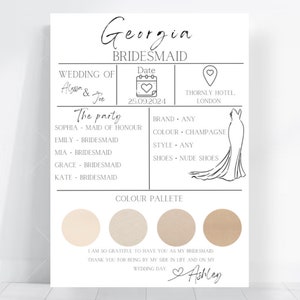 Bridesmaid info card template, modern minimalist, neutral wedding, bridesmaid information card, digital download, canva
