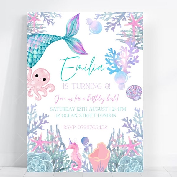 Tema del mar de sirena para niñas, plantilla de invitación digital para fiestas, invitación móvil, invitaciones telefónicas de invitación electrónica, invitación por mensaje de texto, Canva