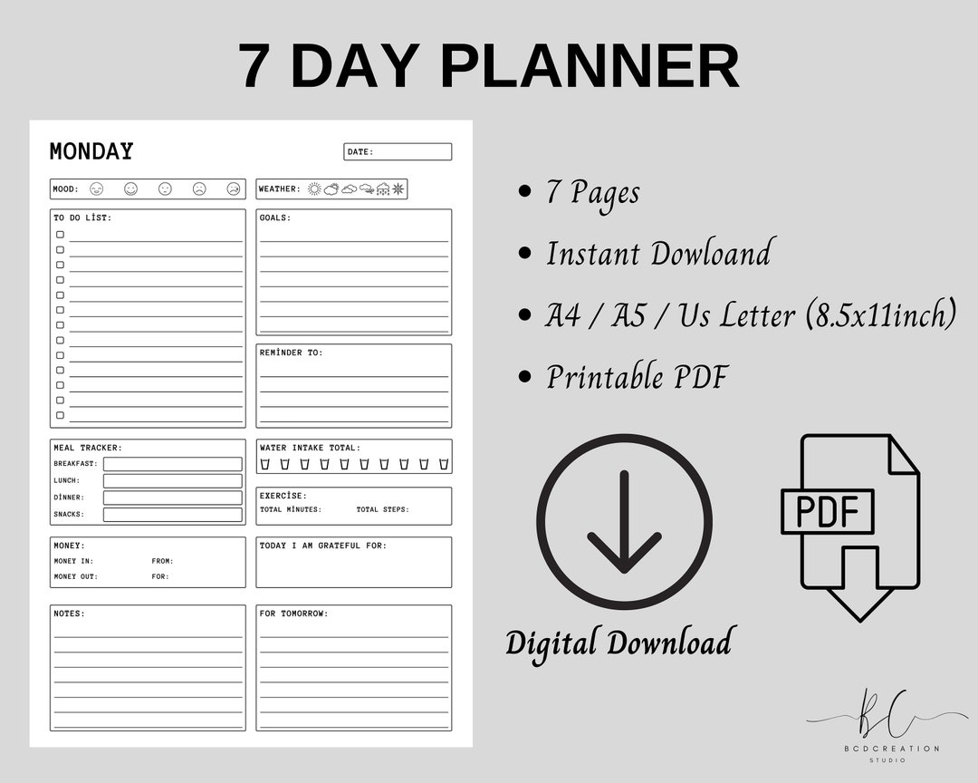 7 Day Planner Printableprintable 7 Day Plannerdaily to Do List for ...