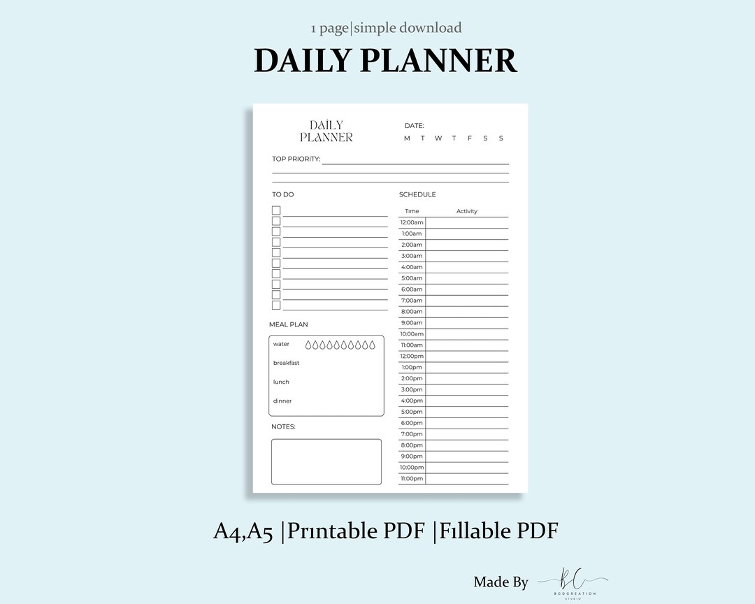 Fillable Daily Planner Printable Daily Planner Minimalist Daily Planner Digital Download A4,A5