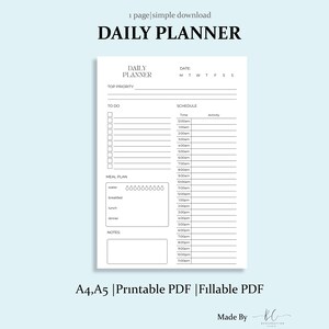 Fillable Daily Planner Printable Daily Planner Minimalist Daily Planner ...