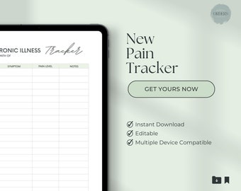 May include: A digital printable pain tracker with the text "New Pain Tracker" and "Get Yours Now". The tracker has columns for symptom, pain level, and notes. The tracker is designed for people with chronic illness.