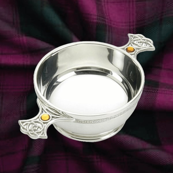 Celtic Pewter Quaich with Topaz Gemstone Detailed Handle, Celtic band around rim 3" / 4" diameter including engraving and choice of fonts