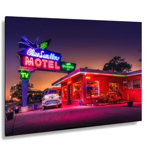 Blue Swallow Motel Neon Sunset Print, Route 66 Tucumcari NM Art (Canvas)