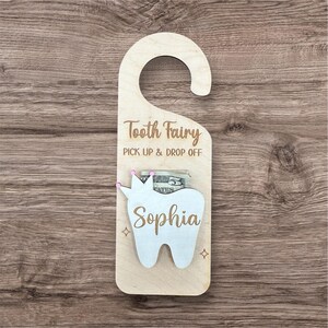 Cabide de porta de fada do dente, cabide de porta de fada do dente personalizado com suporte de dinheiro, presente de fada do dente para crianças, placa de porta de fada do dente, cabide de porta personalizado