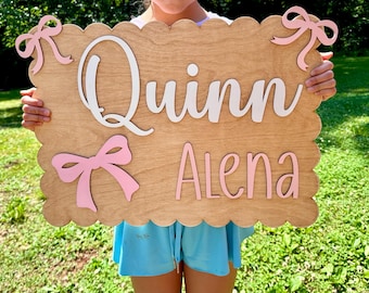 Personalized Baby Name Sign, Wooden Nursery Decor with Pink Bows