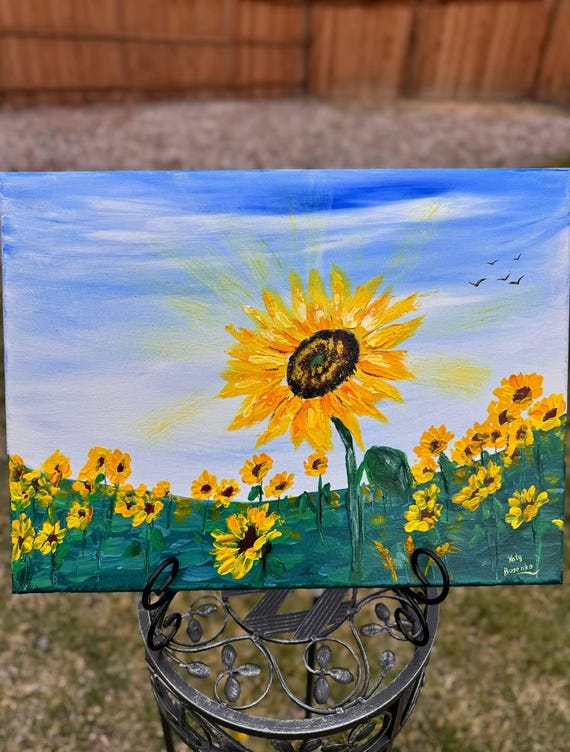 油絵 絵画 【sunflower】 Original Sunflower Painting: Textured Acrylic Art on Canvas (12x16