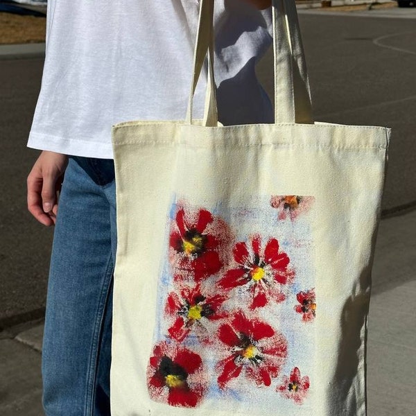 ORIGINAL Handmade Painting on Tote Shopping Bag "Poppies" 15 x 3 x 16 inches