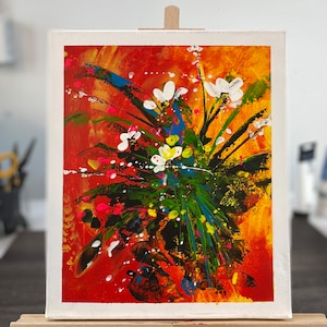 Original Abstrakte Blumen Acrylmalerei Auf Leinwand Auf einer Stretche, hell und bunt sieht im Innenraum schön aus