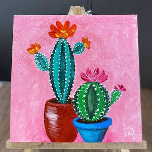 ORIGINAL Handmade Painting &quot; Blooming Cactus &quot;, 8 x 8 inch, home decor Wall Art