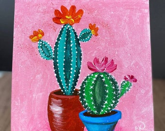 Dipinto ORIGINALE fatto a mano "Cactus in fiore", 8 x 8 pollici, decorazione da parete per la casa