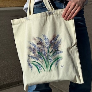 ORIGINAL Handmade Painting on Shopping Tote Bag &quot;Lavender&quot; 15 x 3 x 16 inches