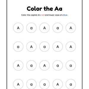May include: A printable worksheet with the letters 'A' and 'a' in circles. The instructions are to color the capital A's red and the lowercase a's blue.