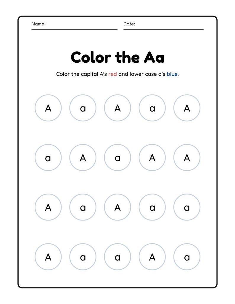 May include: A printable worksheet with the letters 'A' and 'a' in circles. The instructions are to color the capital A's red and the lowercase a's blue.