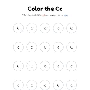 May include: A worksheet with the text "Color the Cc" and instructions to color the capital C's red and lower case c's blue. There are 20 circles, each containing a C or c.