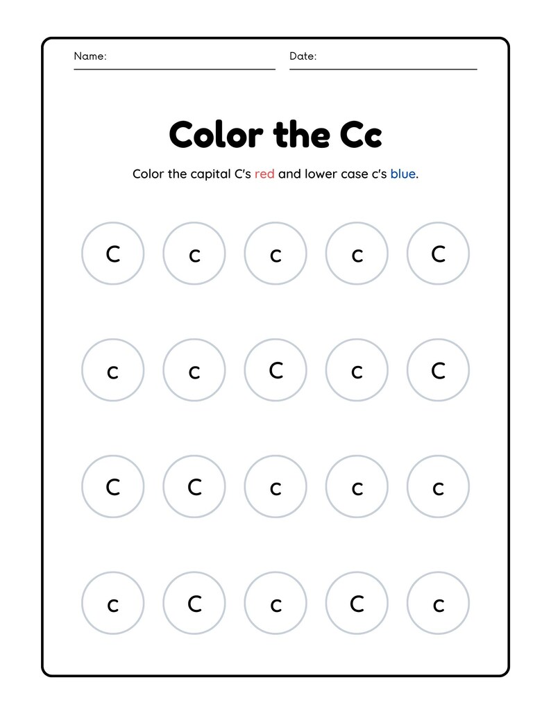 May include: A worksheet with the text "Color the Cc" and instructions to color the capital C's red and lower case c's blue. There are 20 circles, each containing a C or c.