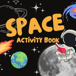 May include: A colorful illustration of a space-themed activity book. The cover features a cartoon astronaut reading a book on the moon, surrounded by planets, stars, and a comet.