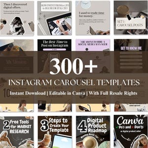 May include: A promotional image featuring over 300 Instagram carousel templates. The design includes various square graphics with text like "Digital Offers," "Digital CEO," and "Canva Do's and Don'ts." The templates are designed for digital product sellers.
