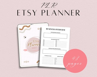May include: A digital planner for Etsy sellers, with a pink and brown color scheme. The cover features the text "Etsy Planner" and the text "Business Overview" is visible on the open page. The planner has 43 pages.