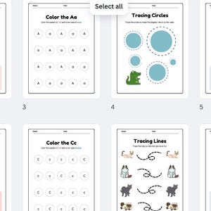 May include: A set of printable worksheets for kids to practice tracing letters and shapes. The worksheets feature colorful illustrations of animals and hearts. The worksheets are titled "Trace and Write", "Color the Aa", "Tracing Circles", "Color the Bb", "Tracing Hearts", "Color the Cc", "Tracing Lines", "Color the Dd".