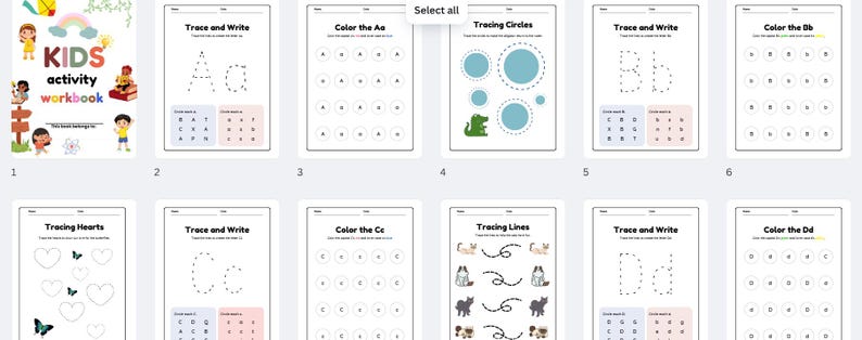 May include: A set of printable worksheets for kids to practice tracing letters and shapes. The worksheets feature colorful illustrations of animals and hearts. The worksheets are titled "Trace and Write", "Color the Aa", "Tracing Circles", "Color the Bb", "Tracing Hearts", "Color the Cc", "Tracing Lines", "Color the Dd".