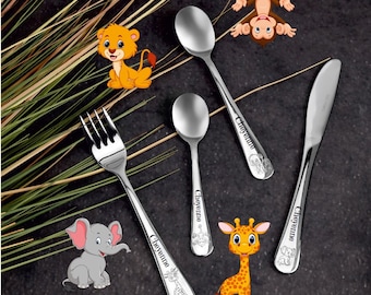 Children's cutlery with name engraving, stainless steel, 4-piece, dishwasher safe - gift for baptism boy and girl, children's cutlery with engraving