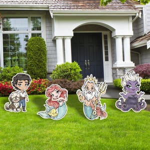 May include: Cartoon character yard decorations featuring Ariel, Prince Eric, King Triton, and Ursula, with a dog. The characters are standing on a green lawn in front of a house with a white porch and a dark blue door.