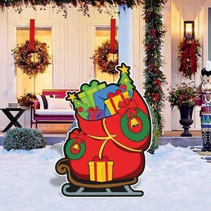 Christmas Sleigh, Village Sleigh, Christmas Character Cutouts, Red Sleigh, Stealing Christmas Presents, Outdoor Decor, Red Christmas Sleigh