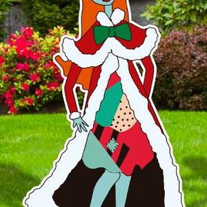 Może przedstawiać: Wycięty wz&oacute;r postaci w świątecznym stylu, ubrany w czerwoną i białą sukienkę z zieloną kokardką, biały płaszcz obszyty futrem i czerwony kapelusz Świętego Mikołaja. Postać ma niebieską sk&oacute;rę, długie pomarańczowe włosy i stoi na niebiesko-białej powierzchni przypominającej l&oacute;d.