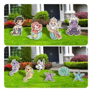 May include: A collection of colorful outdoor yard decorations featuring characters from a popular animated movie. The set includes cutouts of a prince, a mermaid, a sea king, a sea witch, seahorses, a seagull, starfish, and a seashell.