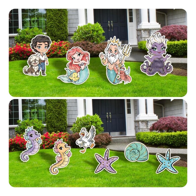 May include: A collection of colorful outdoor yard decorations featuring characters from a popular animated movie. The set includes cutouts of a prince, a mermaid, a sea king, a sea witch, seahorses, a seagull, starfish, and a seashell.