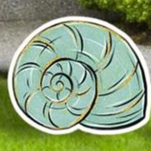 May include: A light blue, spiral-shaped seashell design with black and gold accents. The seashell is outlined in white and sits on a green grassy surface. The design is likely for a garden or home decor.