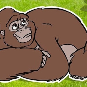 May include: A brown cartoon gorilla sitting on its haunches with its arms crossed in front of it. The gorilla is looking to the right of the image.