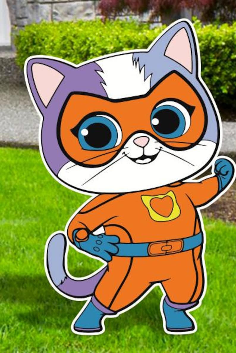 May include: A cartoon cat character in an orange superhero suit with a blue belt and gloves. The cat has a purple and white head with a mask, and large blue eyes. The character is standing on green grass.