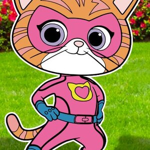 May include: A cartoon image of a cat superhero. The cat has orange and pink fur, a pink mask, and a pink superhero suit with a yellow heart emblem. The cat is standing on green grass with a background of flowers and greenery.