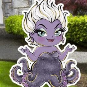May include: A cartoon cutout of a purple sea witch with white hair and green eyes. She has a black bodice and purple tentacles. The cutout is designed for outdoor display.