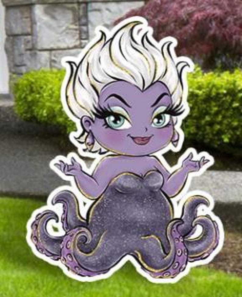 May include: A cartoon cutout of a purple sea witch with white hair and green eyes. She has a black bodice and purple tentacles. The cutout is designed for outdoor display.