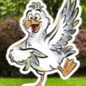 May include: A cartoon illustration of a white seagull with a yellow beak and feet, and gray wing feathers. The seagull is smiling and appears to be dancing on a green lawn, with a blurred green background of bushes and trees.