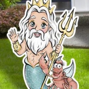 May include: A whimsical yard decoration featuring a cartoon depiction of a sea god with a golden crown and trident, alongside a friendly red crab. The sea god has a white beard and a blue mermaid tail. The decoration is placed on green grass.