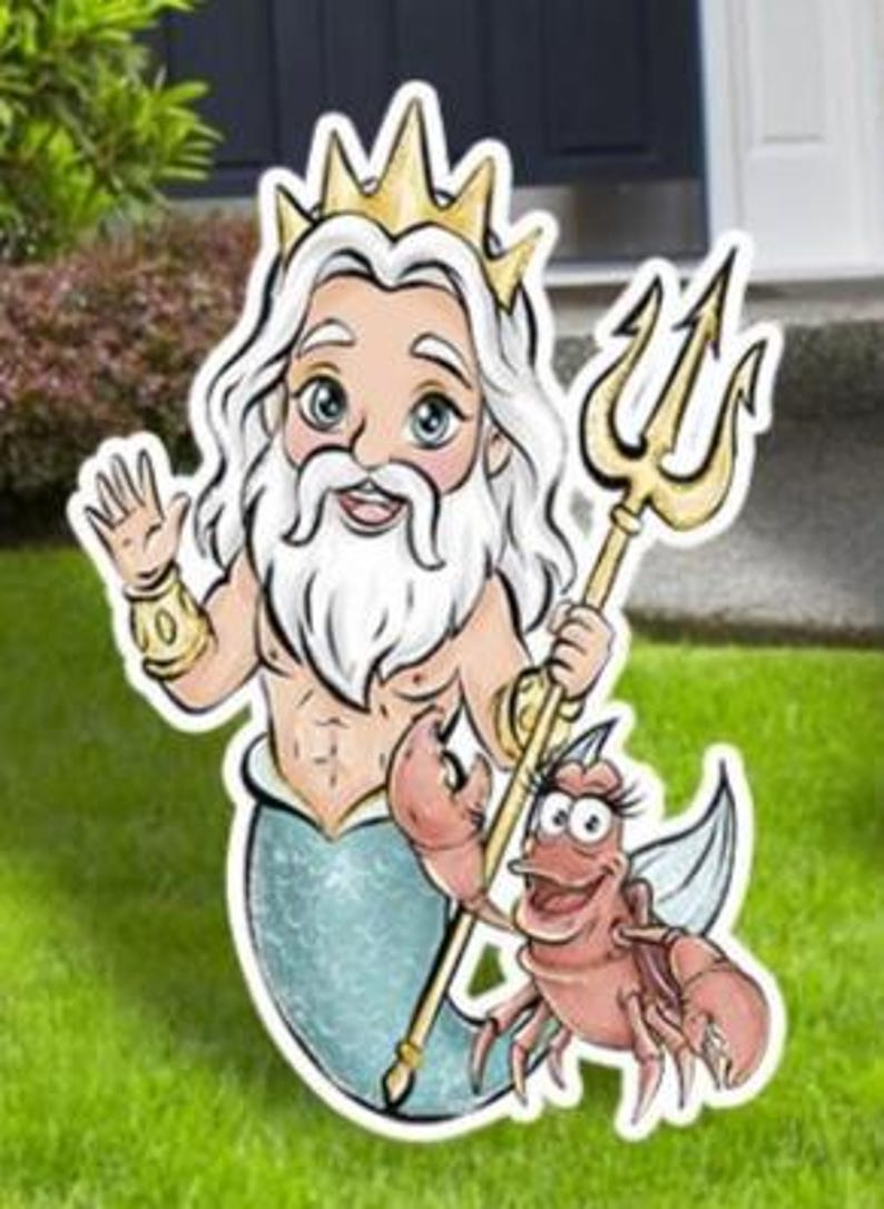 May include: A whimsical yard decoration featuring a cartoon depiction of a sea god with a golden crown and trident, alongside a friendly red crab. The sea god has a white beard and a blue mermaid tail. The decoration is placed on green grass.